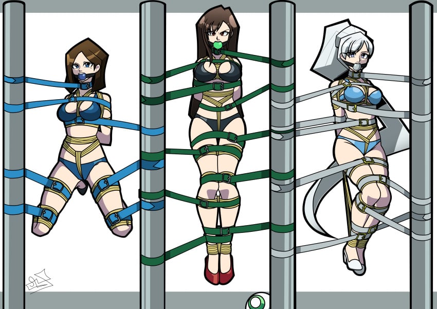 aceliuszid ball_gag bondage bound brown_hair cleavage crotch_rope female female_only femsub final_fantasy_vii fully_clothed gag png revealing_clothes rope rwby samsung samsung_sam skimpy_clothes suspended suspension suspension_bondage tifa_lockhart weiss_schnee white_hair