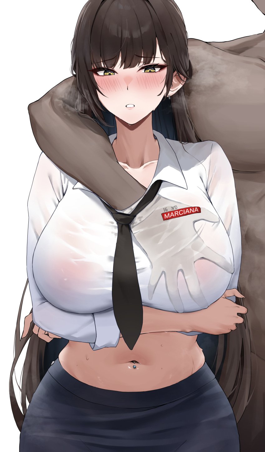 1boy 1girls blush breast_grab breasts brown_eyes brown_hair dark-skinned_male dark_skin female goddess_of_victory:_nikke grabbing_breast huge_breasts light-skinned_female light_skin long_hair male marciana_(nikke) nunu_(pixiv69145027) piercing school_uniform