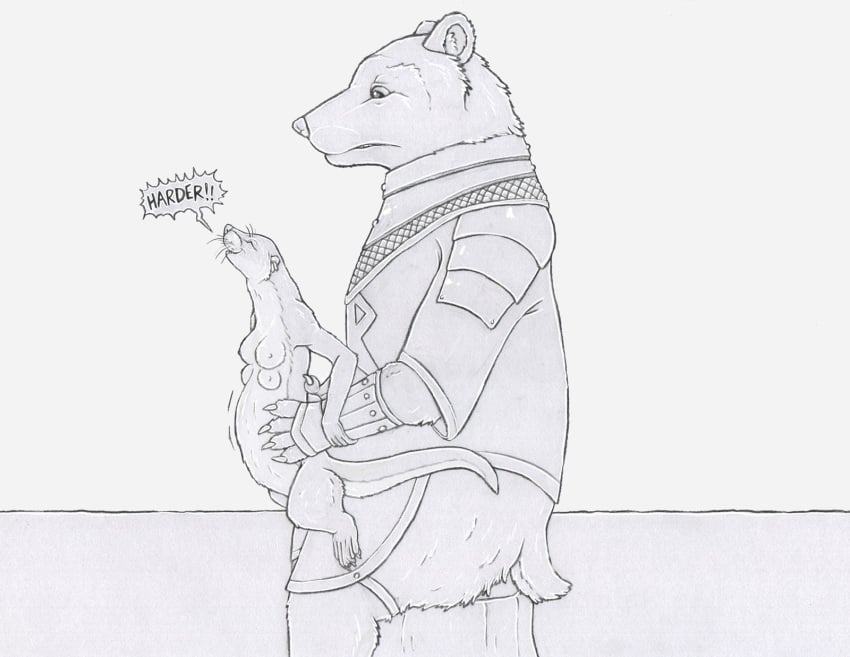 2024 4_breasts ambiguous_penetration anthro anthro_on_anthro anthro_penetrated anthro_penetrating anthro_penetrating_anthro armor bear bottomless bottomless_anthro bottomless_male breasts carrying_another carrying_partner clothed clothing dialogue duo english_text female female_anthro female_penetrated greyscale hi_res holding_partner interspecies larger_male lily_(strega) male male/female male_anthro male_penetrating male_penetrating_female mammal monochrome multi_breast mustelid nipple_outline nude nude_anthro nude_female obscured_penetration otter penetration plate_armor semi-anthro sex short_tail size_difference smaller_female smaller_penetrated snout speech_bubble stomach_bulge strega tail text whiskers