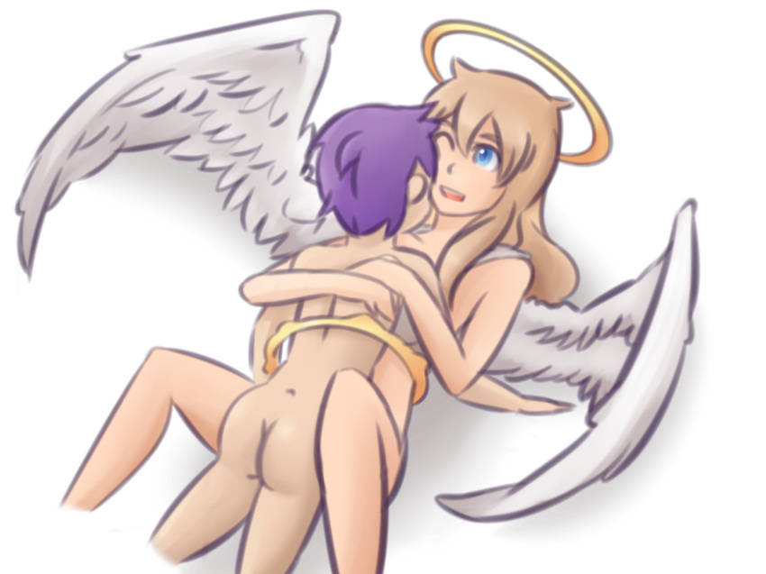 1boy angel blonde_hair blue_eyes female halo incest long_hair lucifina_(mon-musu_quest!) luka_(mon-musu_quest!) mon-musu_quest! monster_girl_quest nude purple_hair sex sketch thundragon wings