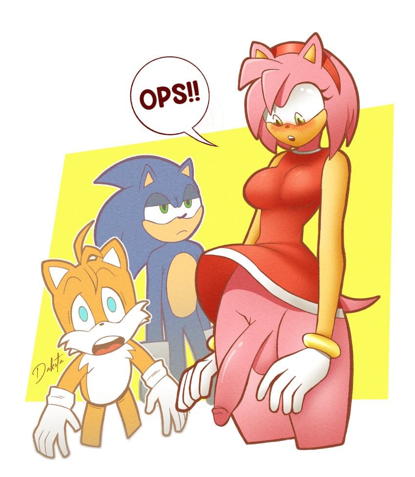 amy_rose anthro big_penis bracelet dakota dialogue dress furry futanari gloves male miles_prower no_panties penis sega sonic_(series) sonic_the_hedgehog sonic_the_hedgehog_(series) speech_bubble tails_the_fox