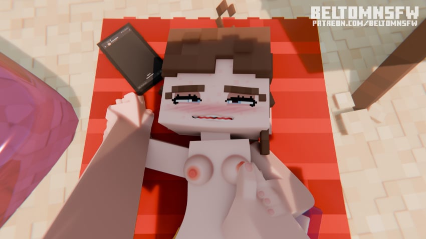 1boy 1boy1girl 1girls 3d beach beltomnsfw bikini blender blue_eyes blush brown_hair detailed_background elli_(beltomnsfw) faceless_male female forced handholding looking_at_viewer microsoft mine-imator minecraft minecraft_xxx nipples nude_male partially_clothed partially_clothed_female partially_nude phone phone_screen public rubbing rubbing_breasts small_breasts smiling square_head tagme watermark