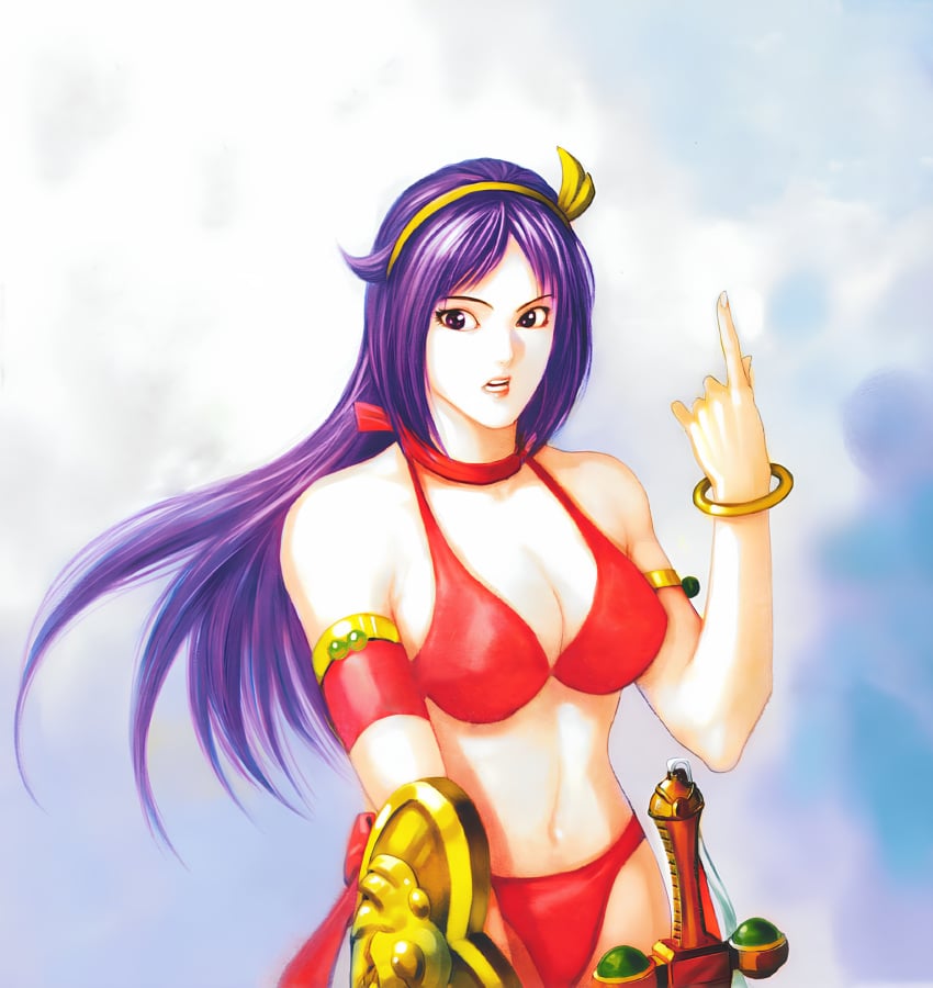 1girls athena_(series) big_breasts bikini breasts busty cleavage female female_only hi_res index_finger_raised large_breasts legs long_hair navel official_art open_mouth princess_athena purple_eyes purple_hair red_bikini red_lips shield snk swimsuit sword teeth thighs weapon