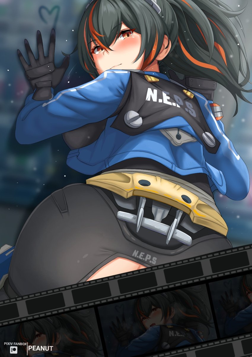 ass black_gloves black_hair blue_jacket blush closed_mouth female from_behind gloves hair_between_eyes highres jacket long_hair looking_at_viewer looking_back multicolored_hair orange_eyes orange_hair peanut_(shokan) police police_uniform ponytail sidelocks smile solo streaked_hair two-tone_hair uniform zenless_zone_zero zhu_yuan