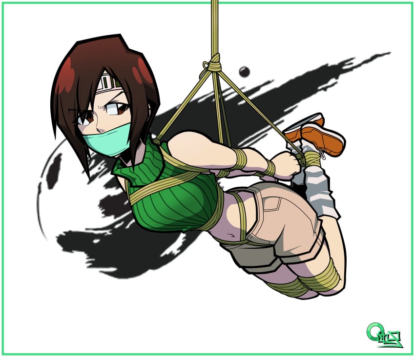 aceliuszid bare_midriff bondage bound brown_hair crotch_rope female female_only femsub final_fantasy gag midriff midriff_baring_shirt png rope rope_bondage shorts suspended suspension suspension_bondage yuffie_kisaragi