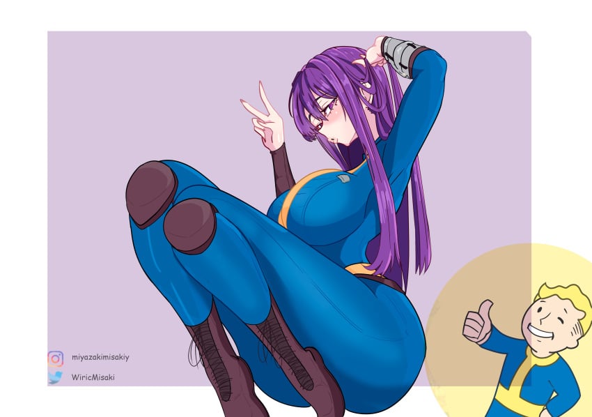 1girls 1male arm arm_up blonde_hair blonde_hair_male blue_suit boots breasts clothed clothed_female doki_doki_literature_club eyes fallout female huge_breasts huge_thighs light-skinned_female light-skinned_male light_skin long_hair long_hair_female male purple_eyes purple_hair purple_hair_female suit thighs vault_boy vault_suit wirichiroga wiricmisaki yuri_(doki_doki_literature_club)