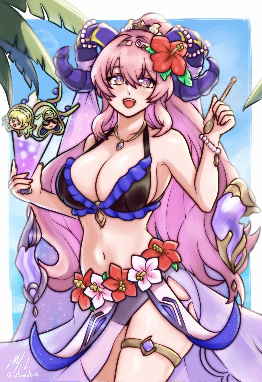 1girls :d alternate_costume armpits bare_arms bare_midriff bare_shoulders bare_thighs beach bikini black_bikini black_swimsuit breasts cleavage collarbone female female_only fire_emblem fire_emblem_heroes flower food hair_flower horns ice_cream large_breasts long_hair midriff navel nerthuz_(fire_emblem) nerthuz_(summer)_(fire_emblem) nintendo ocean official_alternate_costume outdoors palm_tree pink_hair ponytail purple_eyes rotomdocs sarong see-through shoulders solo spoon swimsuit thighs tree very_long_hair yellow_eyes