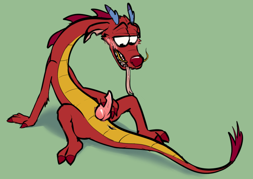 2_toes 4_fingers anthro anus blush chinese_dragon claws clopper-dude disney dragon erection forked_tongue green_background knot long_tongue looking_down looking_pleasured male male_only masturbation mulan mushu nude open_mouth penis pink_penis plain_background red_body red_dragon red_nose red_scales scalie sharp_teeth sitting slit solo tapering_penis teeth toe_claws tongue tongue_out whiskers yellow_scales