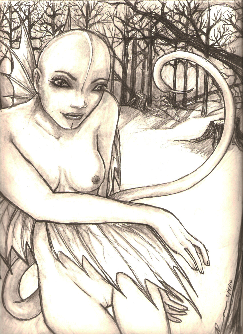 1girls 2010 areola breasts dren female female_only fins forest hi_res human mmxvampire monochrome nipples nude outside pussy sepia sideboob sketch solo solo_female splice stinger thigh_gap tree wings winter wood