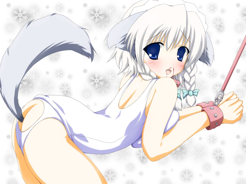 animal_ears artist_request blue_eyes bondage buttplug buttplug_tail collar cuffs female sakuya_izayoi snow_flakes solo tagme tail touhou white_hair