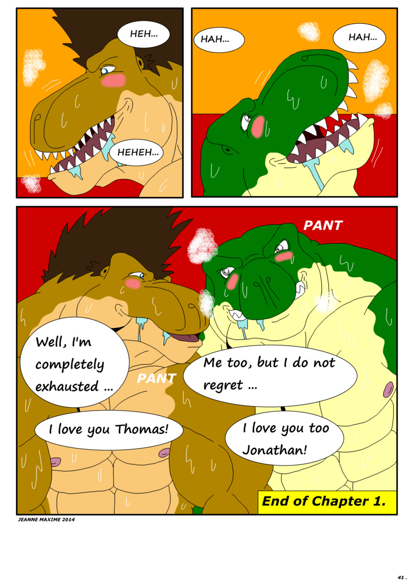 2014 anthro blush comic dinosaur furry furry_only gay jonathan_alexander male maxime-jeanne muscles nude scalie theropod thomas_carter tyrannosaurus_rex