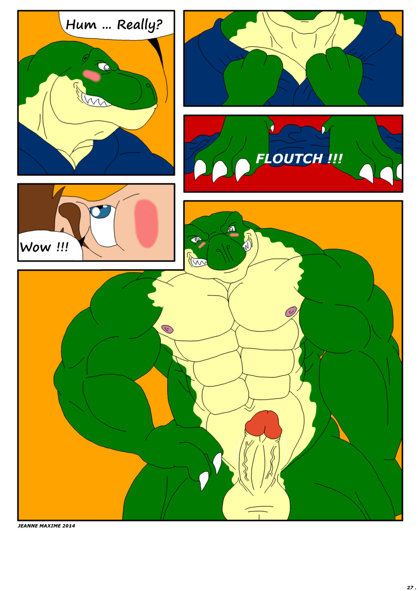 2014 anthro balls blush clothing comic dinosaur human jonathan_alexander male male_only maxime-jeanne muscles nude penis scalie theropod thomas_carter tyrannosaurus_rex