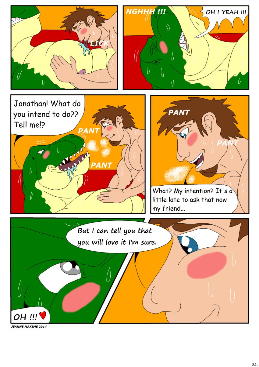 2014 anthro balls blush comic dinosaur human interspecies jonathan_alexander male male_only maxime-jeanne muscles nude penis scalie sex theropod thomas_carter tyrannosaurus_rex