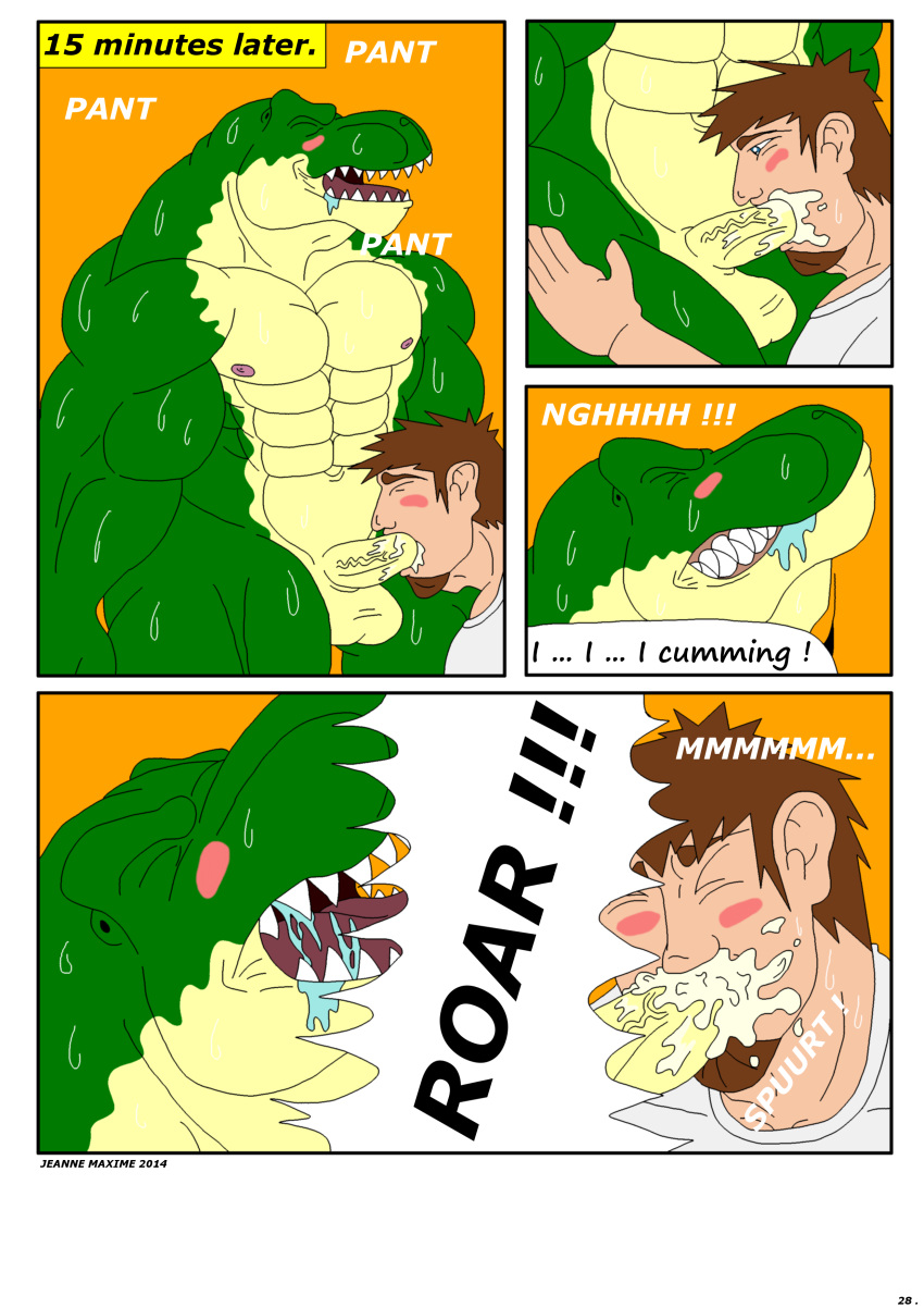 2014 anthro balls blush clothing comic cum dinosaur erection fellatio human interspecies jonathan_alexander male male_only maxime-jeanne muscles nude oral oral_sex orgasm penis scalie sex theropod thomas_carter tyrannosaurus_rex