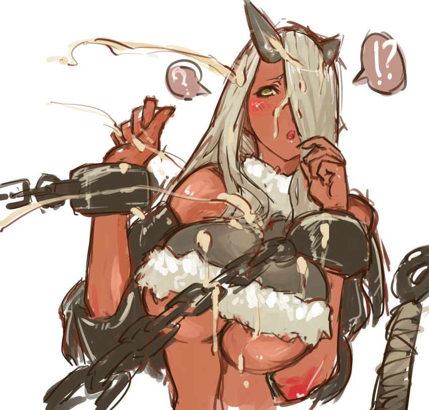 !? ? blush breasts bukkake chains cum cum_on_hair dark-skinned_female dark_skin facial female green_eyes hair_over_one_eye halter_top halterneck highres horns huge_breasts long_hair nameo_(judgemasterkou) oni setsubun shackles silver_hair solo underboob