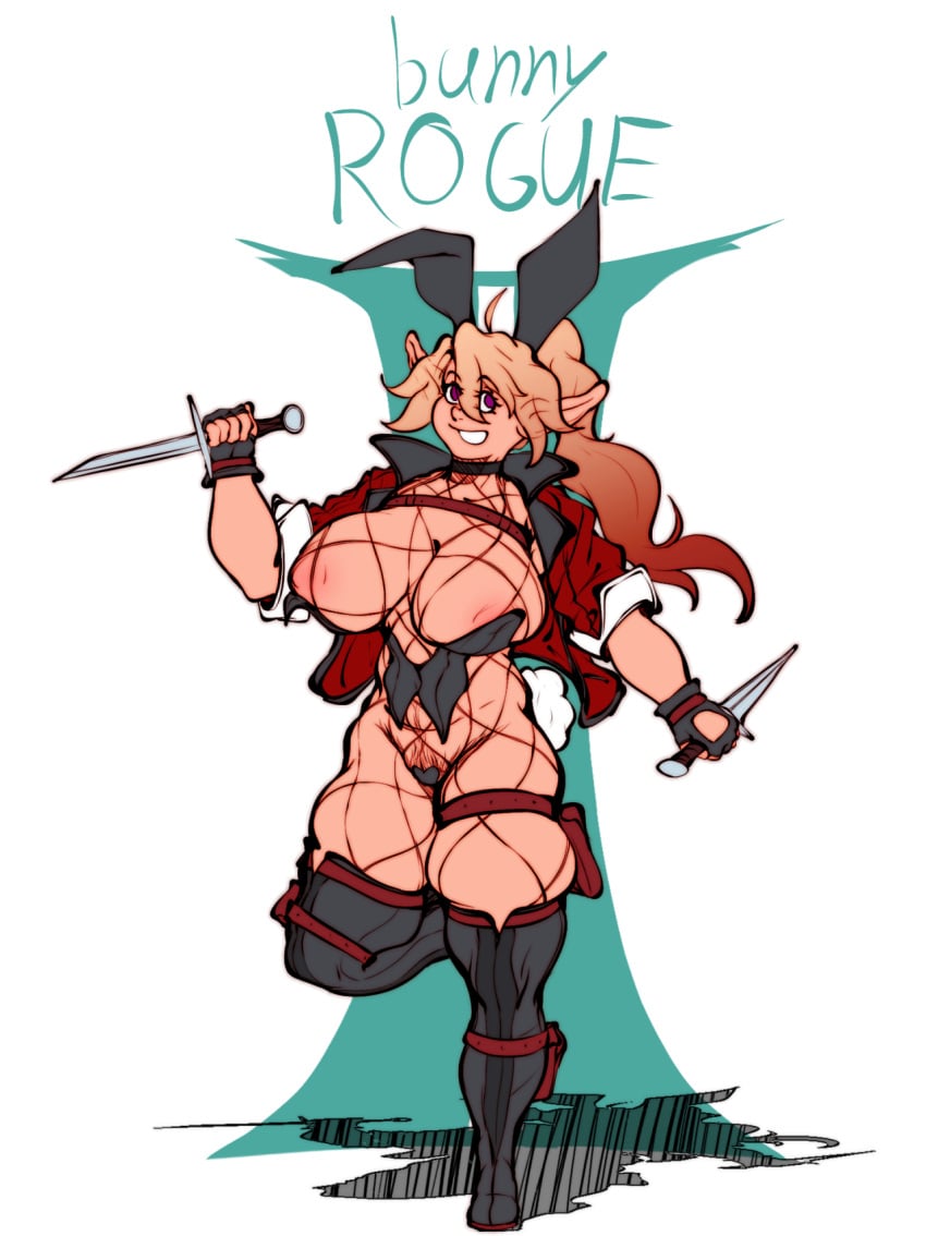 1girls abstract_background belt big_breasts blonde_hair breasts breasts_bigger_than_head brown_eyes bunny_ears dagger daggers dungeons_and_dragons elf elf_ears female female_only gradient_hair hi_res huge_breasts jacket light-skinned_female light_skin long_hair nipple_slip nipples original original_character png pubic_hair rogue shadow skindentation slightly_chubby slightly_chubby_female smile solo standing_on_one_leg sybil_(ysolt) voluptuous voluptuous_female white_background ysolt