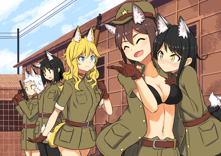 5girls animal_ears black_eyes black_hair black_legwear blonde_hair blue_eyes blush breasts brown_hair cleavage cute_fang fox_ears fox_tail gloves gun handgun large_breasts long_hair luger_p08 military military_uniform multiple_girls navel nosuku open_clothes open_mouth original pantyhose red_eyes rifle short_hair smile tail uniform weapon white_hair yellow_eyes