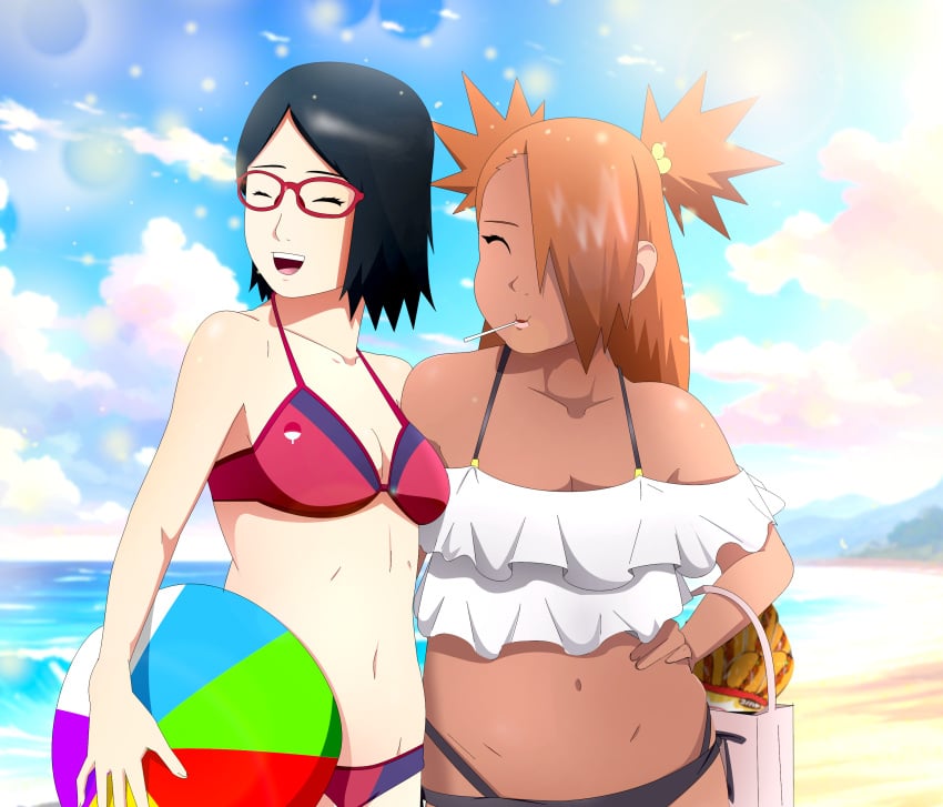 2girls akimichi_chouchou beach beach_ball bikini black_hair blouse blush boruto:_naruto_next_generations chubby_female cleavage closed_eyes female female_only food friends glasses grabbing_from_behind hand_on_hip holding_object holding_partner implied_yuri interracial lolipop midriff multiple_girls naruto naruto_(series) optimystic orange_hair purse sarada_uchiha seaside sexually_suggestive size_difference sleeveless smile stealth stealth_ass_grab suggestive swimsuit torso_grab yuri