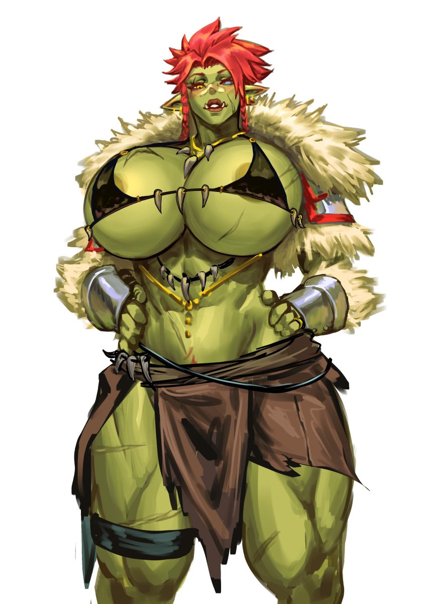 athletic athletic_female big_breasts bikini bikini_top black_bikini black_bikini_top braided_hair breasts brown_loincloth cassandra_(virgoart1509) female hand_on_hip hands_on_hips hips huge_breasts leg_strap loincloth muscular muscular_female muscular_thighs orc orc_female red_hair skimpy skimpy_clothes solo solo_female thick_thighs thighs tooth_necklace virgoart1509 wide_hips yellow_eyes