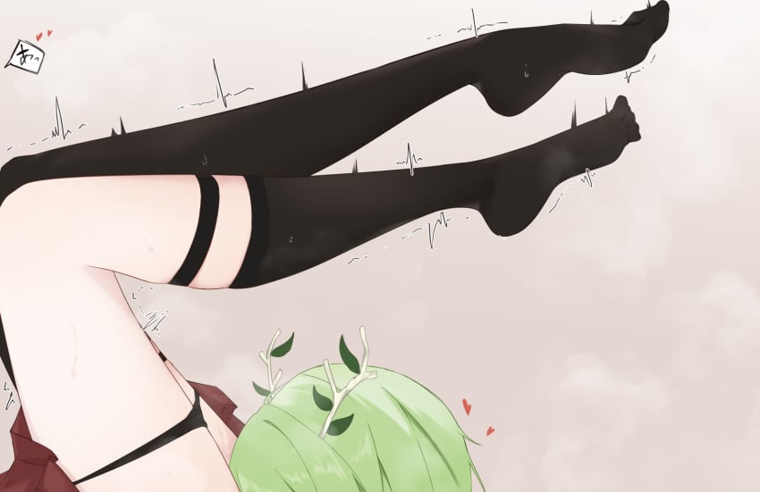 2girls antlers black_panties black_socks black_thighhighs ceres_fauna commentary cunnilingus feet female good_thighs_day green_hair hashtag-only_commentary heart highres hololive hololive_english hololive_english_-council- hololive_english_-promise- horns kneehighs leaf multiple_girls nanashi_mumei narukahana no_shoes oral panties panty_pull socks sweat thighhighs trembling underwear virtual_youtuber yuri