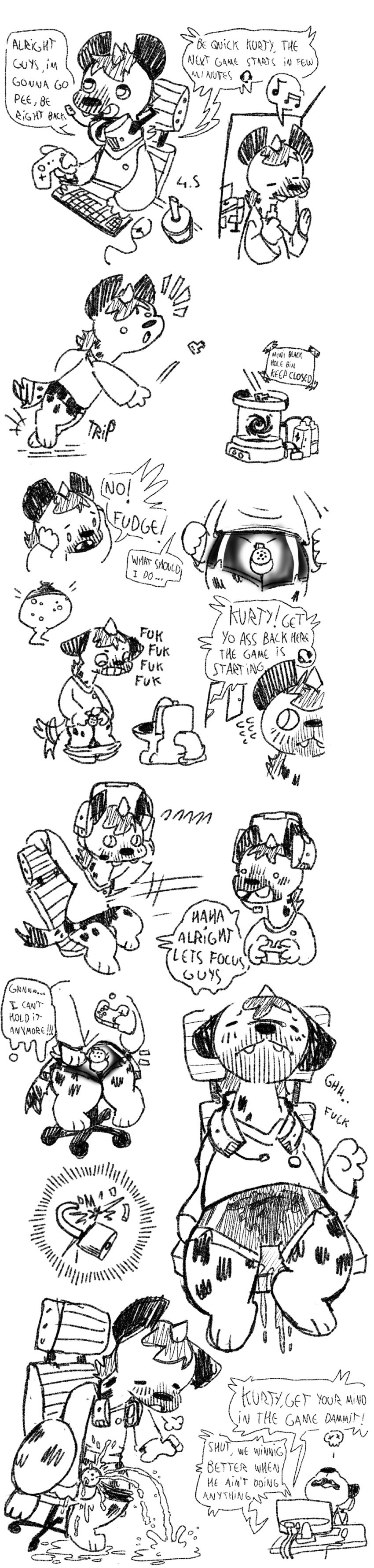absurd_res athletic_wear beverage black_bottomwear black_clothing black_hole black_shorts bladder bodily_fluids bottomwear bubble_tea chastity_cage chastity_device chat clothing comic computer computer_mouse controller dialogue electronics english_text full_bladder gaming gaming_chair genital_fluids gym_bottomwear gym_shorts headgear headphones headset hi_res hoodie horn hyena key key_disposal keyboard kurty_(wahlgo) long_image male mammal monochrome non-human non-human_only organs pee_on_clothes pee_on_floor peeing peeing_through permanent_chastity_device shorts solo solo_focus speech_bubble spotted_hyena tall_image text toilet toony topwear tripping urine wahlgo watersports wetting