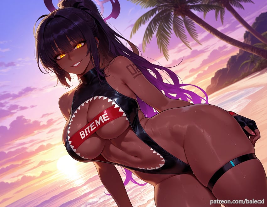 ai_generated balecxi bare_shoulders beach black_hair blue_archive cleavage clothing_cutout dark-skinned_female female fingerless_gloves gloves gradient_hair halo karin_(blue_archive) large_breasts long_hair looking_at_viewer navel one-piece_swimsuit outdoors palm_tree parted_lips ponytail smile solo sunset swimsuit tattoo thigh_strap thighs yellow_eyes