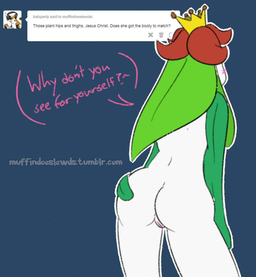 anoddscot anthro ass back blush crown english_text female games leaves lilligant nintendo pokemon presenting presenting_hindquarters pussy solo text tumblr video_games white_skin wide_hips