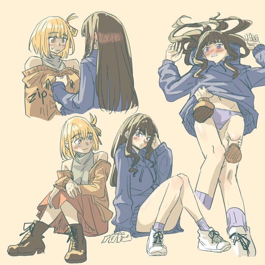 2girls azjames34 black_hair blonde_hair blue_panties blush color english_text eyebrows_visible_through_hair female fully_clothed hair_ornament hair_ribbon hand_on_another&#039;s_thigh imminent_sex inoue_takina lighting long_hair looking_at_another lycoris_recoil lying lying_on_back nervous nishikigi_chisato open_clothes open_jacket panties partially_clothed purple_eyes romantic romantic_couple shirt_lift sitting smile sound_effects sweatdrop sweater tan_background thigh_grab tied_hair undressing undressing_another unseen_female_face wholesome yellow_eyes yuri