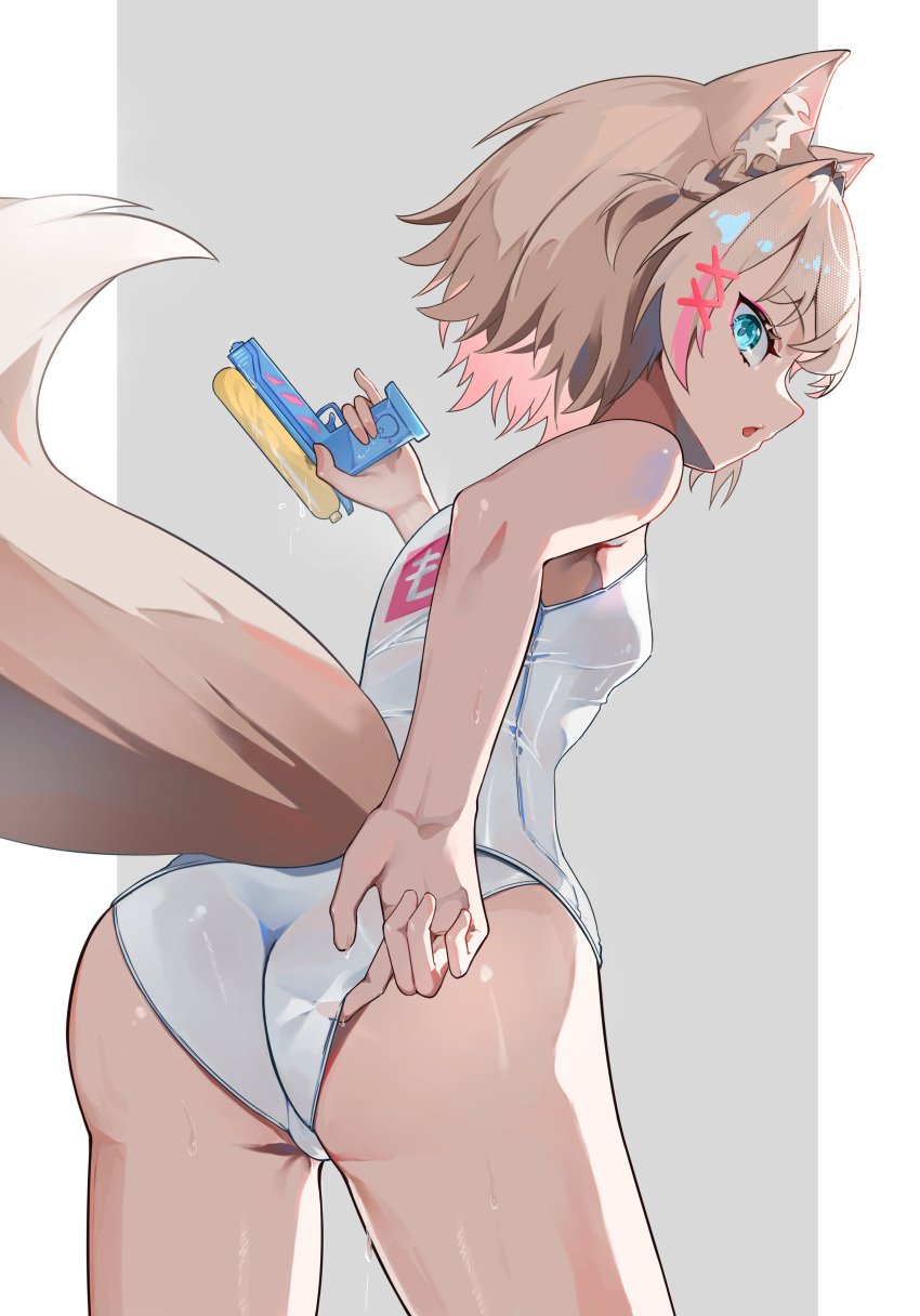 1girls 2d 2d_(artwork) alternate_costume animal_ears animal_tail ass back back_view blonde_hair blue_eyes dog_ears dog_tail female female_focus female_only gun high_resolution highres holding_water_gun hololive hololive_english hololive_english_-advent- light-skinned_female light_skin looking_at_viewer looking_back looking_back_at_viewer maymea mococo_abyssgard one-piece_swimsuit pink_hair short_hair simple_background small_breasts solo solo_female solo_focus standing swimsuit tight_clothing two_tone_hair virtual_youtuber vtuber vtuberfanart water_gun water_pistol white_swimsuit young younger_female