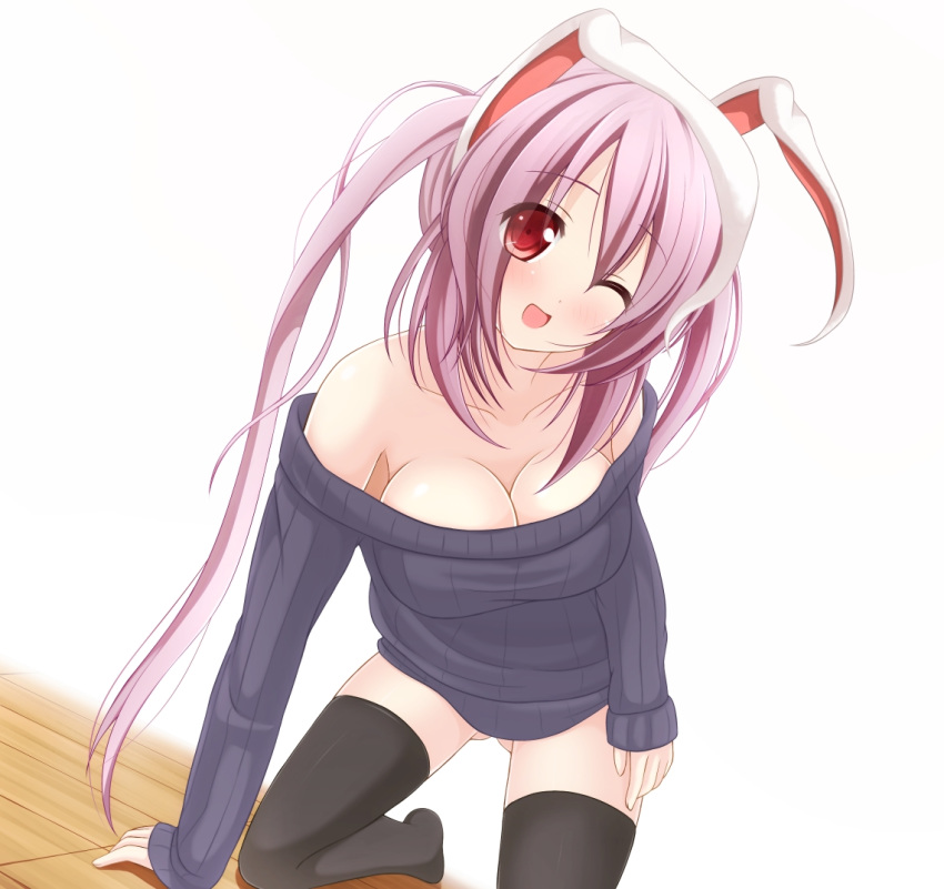 :d alternate_costume alternate_hairstyle animal_ears arm_support ass_visible_through_thighs bare_shoulders black_legwear blush bottomless breasts bunny_ears chimunge cleavage clothes color dutch_angle female female_only front_view hair kneeling large_breasts leaning_forward long_hair naked_sweater off_shoulder open_mouth purple_hair red_eyes reisen_udongein_inaba ribbed_sweater smile solo sweater thighhighs tied_hair touhou twintails wink