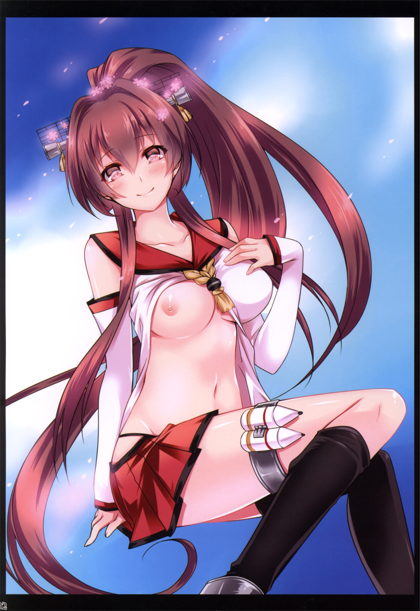 amagai_yukino black_legwear blush breast_slip breasts brown_eyes brown_hair cherry_blossoms detached_sleeves female flower hair_flower hair_ornament highres kantai_collection long_hair looking_at_viewer nipples one_breast_out personification ponytail smile solo tied_hair very_long_hair yamato_(kantai_collection)