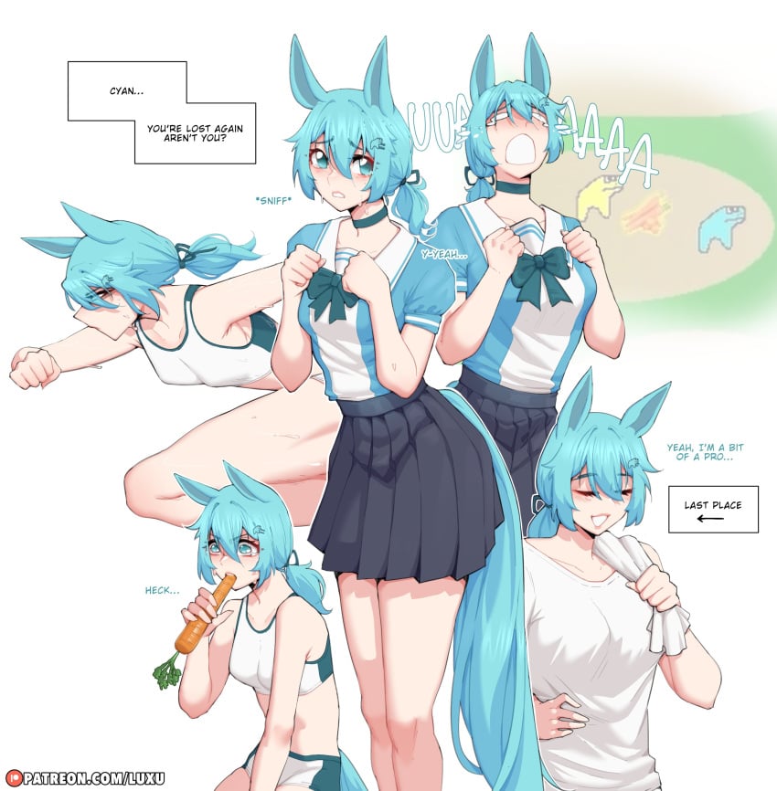1girls animal_ears aqua_eyes aqua_hair blush breasts carrot cleavage clothed clothing cyan_(horse_race_test) english_text female female_focus female_only horse_ears horse_girl horse_race_test horse_tail lightning_strikes_thrice long_hair luxurias multiple_views no_porn sfw skirt sportswear tagme text text_box very_high_resolution