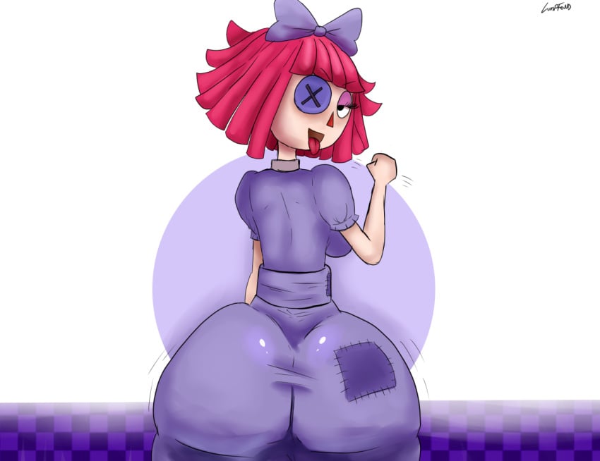 ass big_ass blowjob_gesture blue_clothing breasts bubble_butt clothed female mrnonone ragatha_(tadc) ragatha_(the_amazing_digital_circus) red_hair the_amazing_digital_circus tongue_out