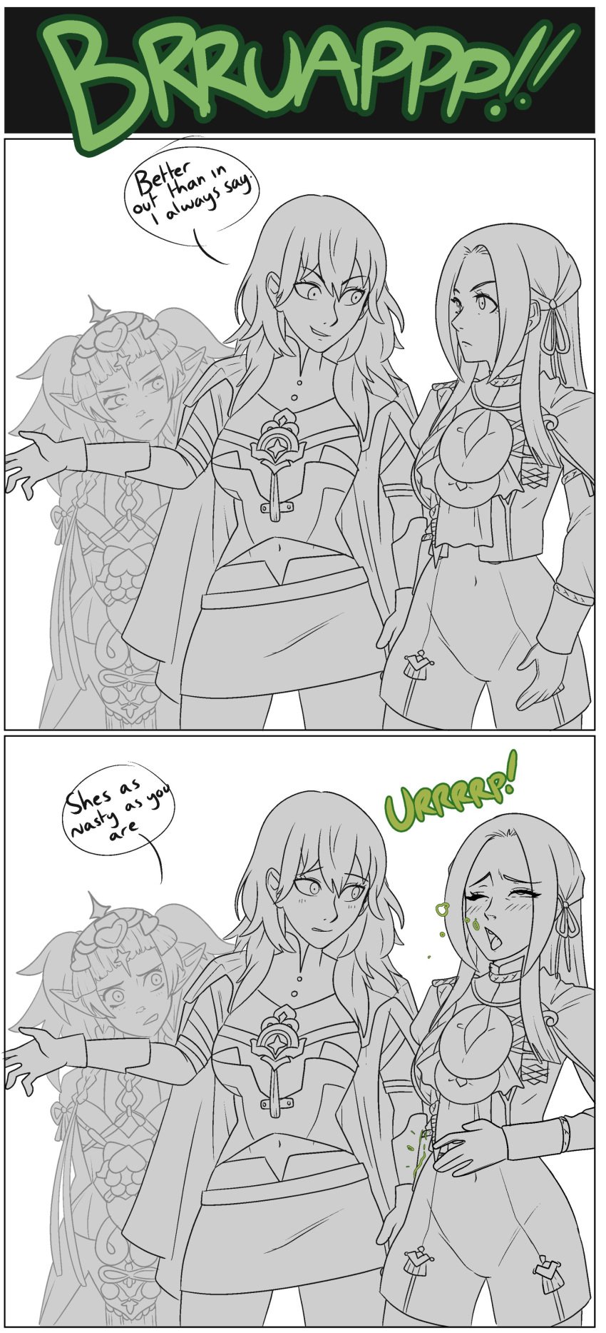 3girls annoyed_expression blush_lines burp burp_bubbles burp_fetish burping byleth_(fire_emblem) byleth_(fire_emblem)_(female) edelgard_von_hresvelg english_text female fire_emblem fire_emblem:_three_houses gongaga grossed_out monochrome nintendo simple_background sothis_(fire_emblem)