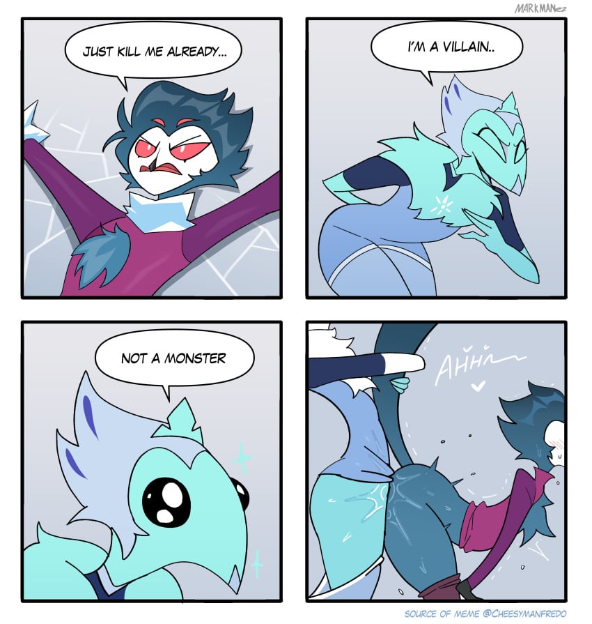 absurd_res andrealphus_(helluva_boss) anthro anthro_on_anthro anthro_penetrated anthro_penetrating anthro_penetrating_anthro avian beak biped bird blue_body blue_eyes demon dialogue duo english_text funny grey_body helluva_boss hi_res humor male male/male male_penetrated male_penetrating male_penetrating_male markmanez meme meme_reference open_mouth owl penetration red_sclera sex side_view speech_bubble standing stolas_(helluva_boss) text white_eyes