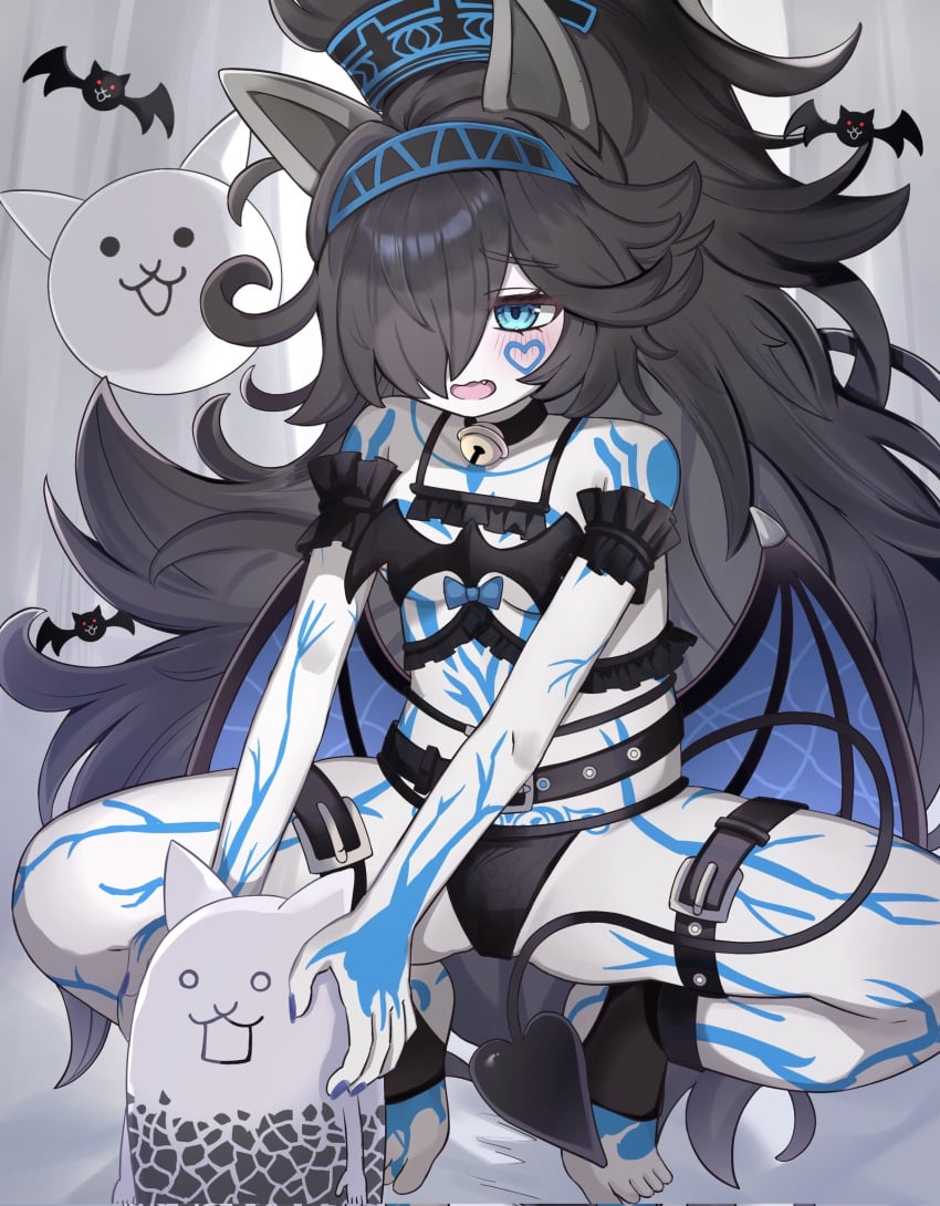 1girls 2boys bell belt black_hair black_panties blue_eyes cat_ears collar crazed_tank_cat devil dragon_wings feline female heart heart_tail kasli_the_bane long_hair male nails open_mouth ponytail ribbon squatting the_battle_cats white_skin