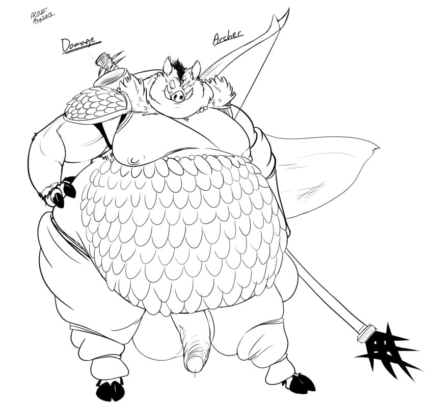 2013 archer armor balls belly big_balls big_penis boar bow cape fur leggings long_penis male male_only moobs nipples obese overweight penis polearm porcine riis scalemail solo spear