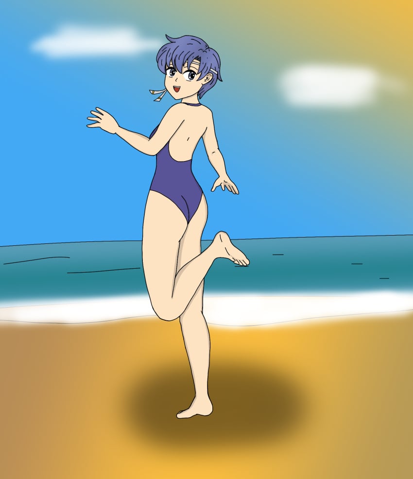 _lusdelmare alternate_version_available ass barefoot blue_hair blue_swimsuit feet fire_emblem fire_emblem:_the_binding_blade fire_emblem_heroes looking_back one_piece_swimsuit request sand sea shanna_(fire_emblem) short_hair smiling swimsuit