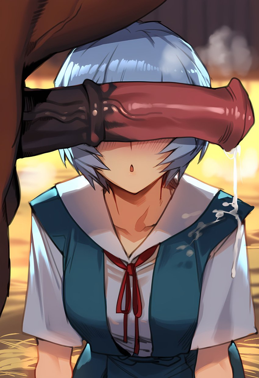 1boy 1girls ai_generated animal_genitalia animal_penis blue_hair cum cum_on_clothes equine_penis female horse horsecock huge_cock huge_penis light-skinned_female light_skin male medium_breasts neon_genesis_evangelion penis penis_on_face penis_over_eyes rei_ayanami school_uniform straight zoophilia