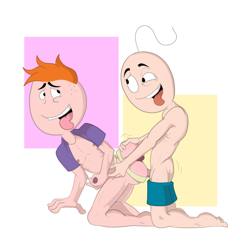 2boys anal anal_sex ass bottomless cum erection exposed_nipples gay hand_on_ass holding_penis imminent_anal iyumiblue kneeling looking_at_partner male male_only masturbating_while_penetrated mikey_butts milo_oblong mouth_open multiple_males orange_hair penis penis_on_ass rubbing shirt_pulled_behind_neck shorts_down simple_background the_oblongs tongue_out topless two_tone_background white_background yaoi