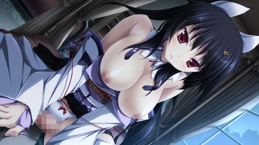 animal_ears black_hair blush breasts censored choker cleavage game_cg hapymaher hatsuno_saki jpeg_artifacts long_hair nipples no_bra open_clothes open_shirt panties purple_software red_eyes shirt tsukimori_hiro underwear