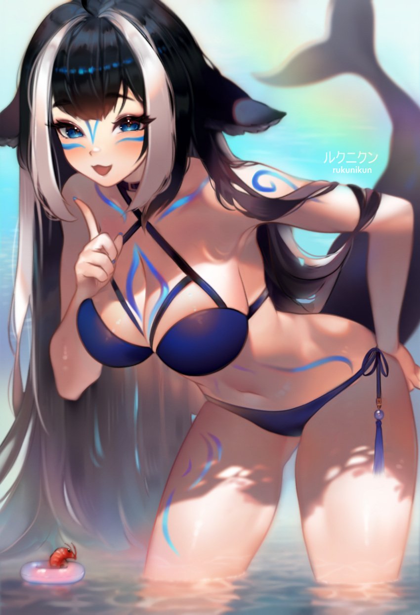 1female 1girls animal_ears big_boobies big_breasts bikini bikini_bottom bikini_top black_hair blue_eyes bra cleavage collar fanart fanart_from_twitter female female_only huge_breasts indie_virtual_youtuber large_thighs looking_at_viewer ocean orca_girl orca_tail rukunikun shrimp shylily smile smiling smiling_at_viewer sole_female solo_female solo_focus tagme thighs twitter virtual_youtuber vtuber water