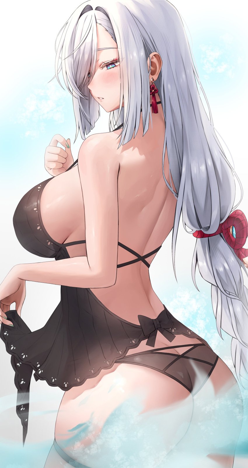 1girls 2d ass blue_eyes breasts female genshin_impact hair_over_one_eye huge_breasts light-skinned_female light_skin lingerie long_hair shenhe_(genshin_impact) thighs vitaminechan white_hair