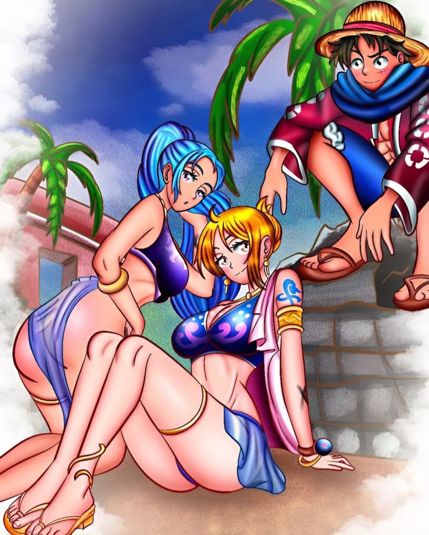 1boy 2girls big_ass blue_hair clothing curvy curvy_body curvy_female curvy_figure female flores male monkey_d_luffy nami nami_(one_piece) nefertari_vivi one_piece orange_hair