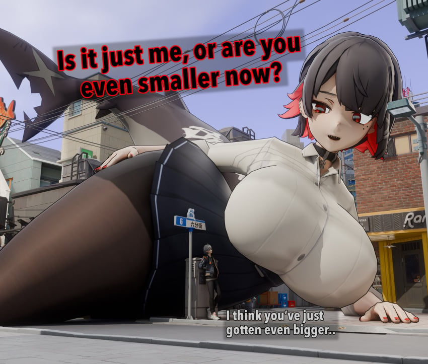 1boy 1girls big_ass big_breasts decodec ellen_joe female giant giantess growth macro male micro tagme text wise_(zenless_zone_zero) zenless_zone_zero