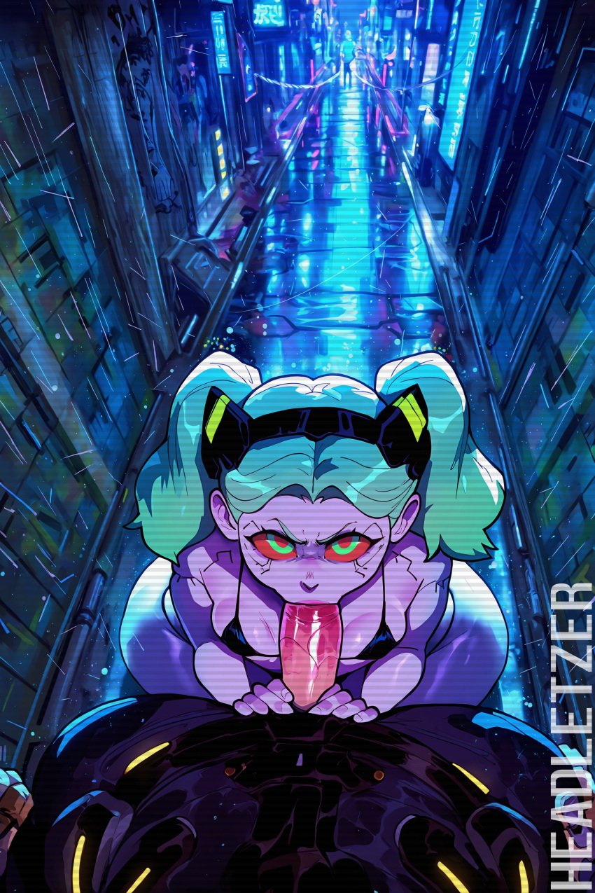 1boy 1boy1girl 1girls ai_generated alley alleyway angry angry_face blowjob blue_hair camera_view cyberpunk cyberpunk:_edgerunners exhibitionism future futuristic headletzer headwear hetero lens_flare looking_at_viewer micro_bikini mini_bikini pigtails pink_body pov purple_body rebecca_(edgerunners) red_eyes tagme turquoise_hair unusual_pupils unusual_skin_color