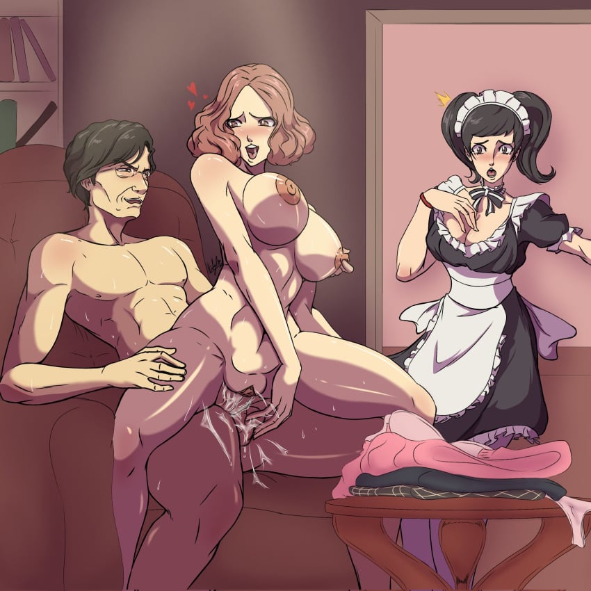 akinkylion atlus becky_(persona) big_breasts big_tits black_hair brown_hair cum cum_in_pussy cum_inside discarded_clothing father father_and_daughter fondling_balls glasses haru_okumura heart incest juicy_pussy kinkylion kunikazu_okumura leaning_back looking_back looking_pleasured loves_it maid maid_headdress maid_outfit maid_uniform older_male penis penis_in_pussy persona persona_5 pigtails pussy reaching_back reverse_cowgirl_position riding riding_penis sadayo_kawakami shock shocked shocked_expression tagme vagina vaginal_penetration vaginal_sex walking_in_on