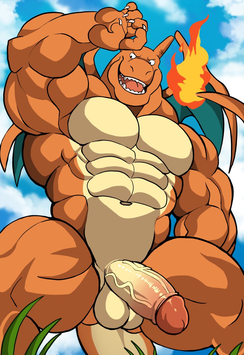 5_fingers abs absurd_res anthro balls biped boner charizard claws countershade_tail countershade_torso countershading darknaigart erection fingers fire flaming_tail generation_1_pokemon genitals glans hi_res humanoid_genitalia humanoid_penis male male_only muscular muscular_anthro muscular_male nintendo nude open_mouth open_smile orange_body pecs penis pokemon pokemon_(species) smile solo solo_male tail vein veiny_penis