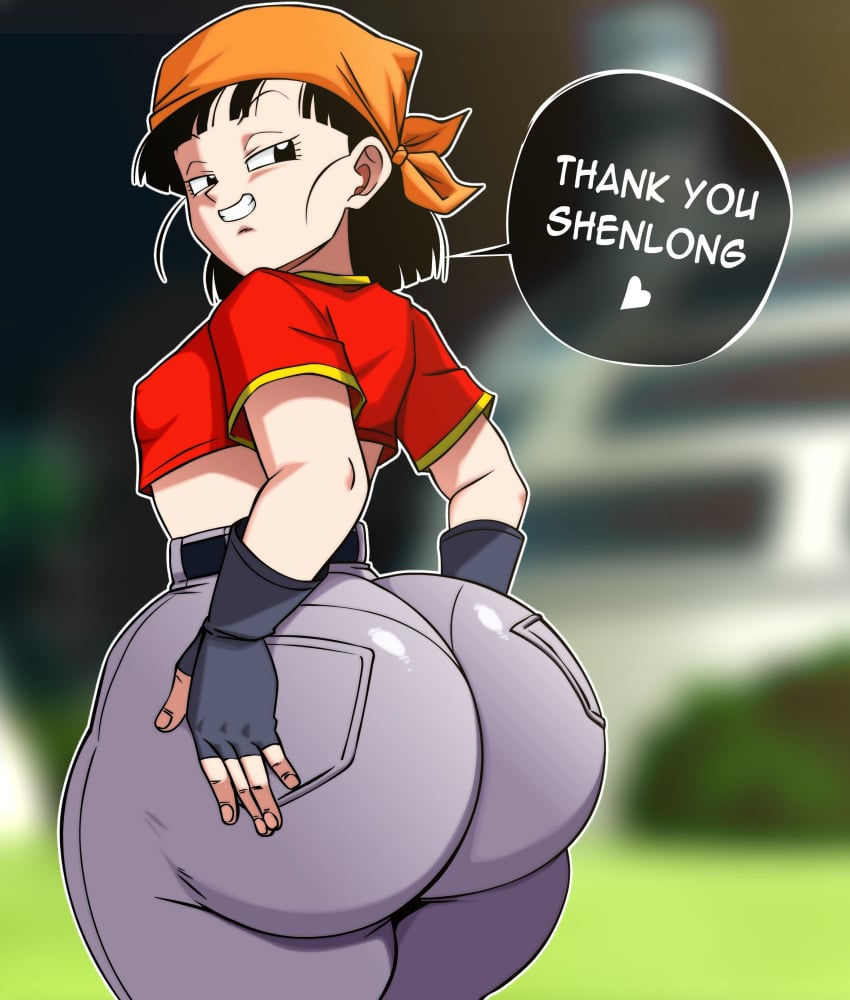 bandana big_ass big_butt black_hair bubble_ass bubble_butt divine_wine dragon_ball dragon_ball_gt english_text fat_ass fat_butt gloves grabbing_own_ass looking_back pan_(dragon_ball) short_hair shortstack small_breasts smiling tagme text text_bubble thick_ass thick_thighs