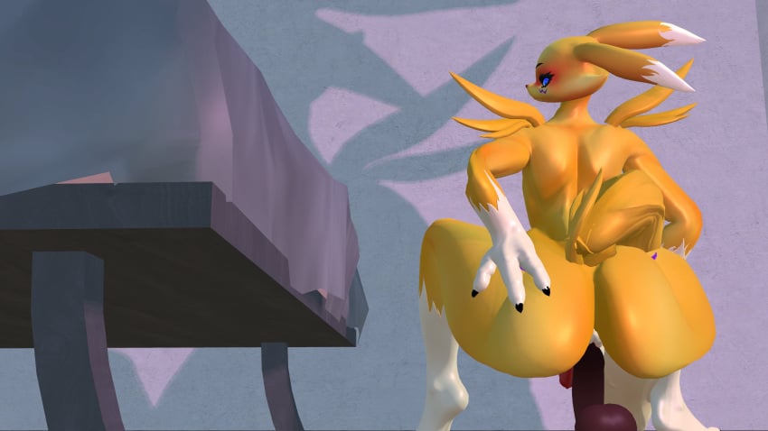 3d absurd_res anal anal_sex anthro anthro_only ass bandai_namco big_butt blue_eyes crouching digimon digimon_(species) dildo femboy fur furryporm genitals hi_res male male/male penetration penis pink_light renamon renamon_(bom39) sex_toy small_penis yellow_body yellow_fur